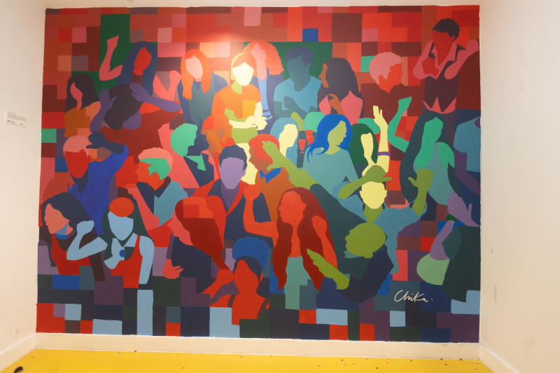 A colourful wall mural at the Dugdale Arts Centre