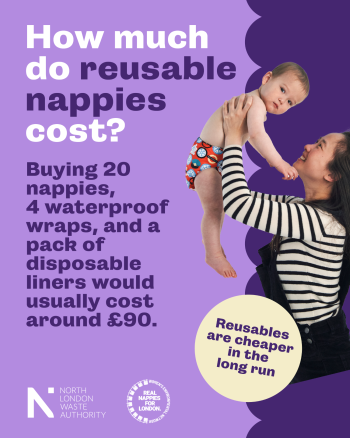 Mum and baby in reusable nappy with text reading How much do reusable nappies cost (+ repeating text above)