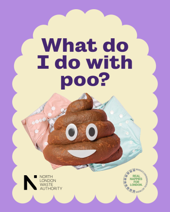 An artificial poo on top of reusable nappies with a smiley face on it and text above reading 'What do I do with poo'