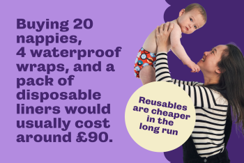A graphic describing that it would usually cost around £90 to buy 20 nappies, 4 waterproof wraps & a pack of disposable liners