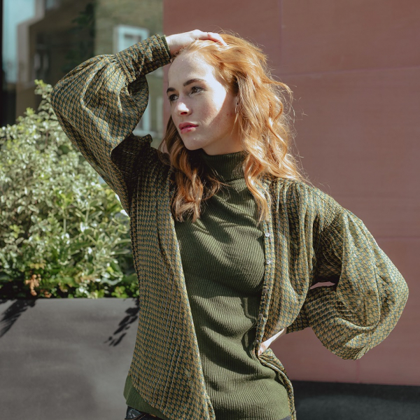 Khaki green roll-neck with green/beige patterned shirt