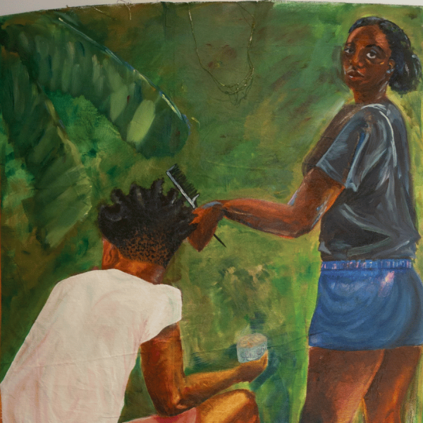 A bright green canvas hanging depicting two young people in front of a tree