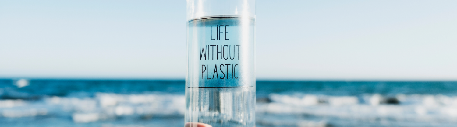 reusable water bottle in front of the sea