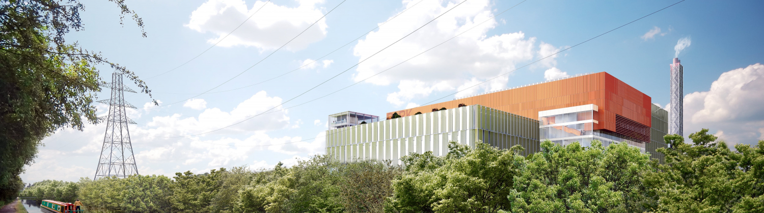 Indicative image of the new Energy Recovery Facility from the River Lee navigation