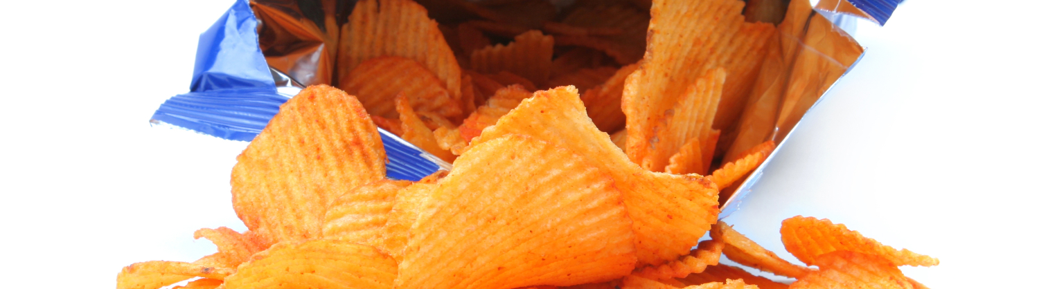 crisp bag with crisps spilling out