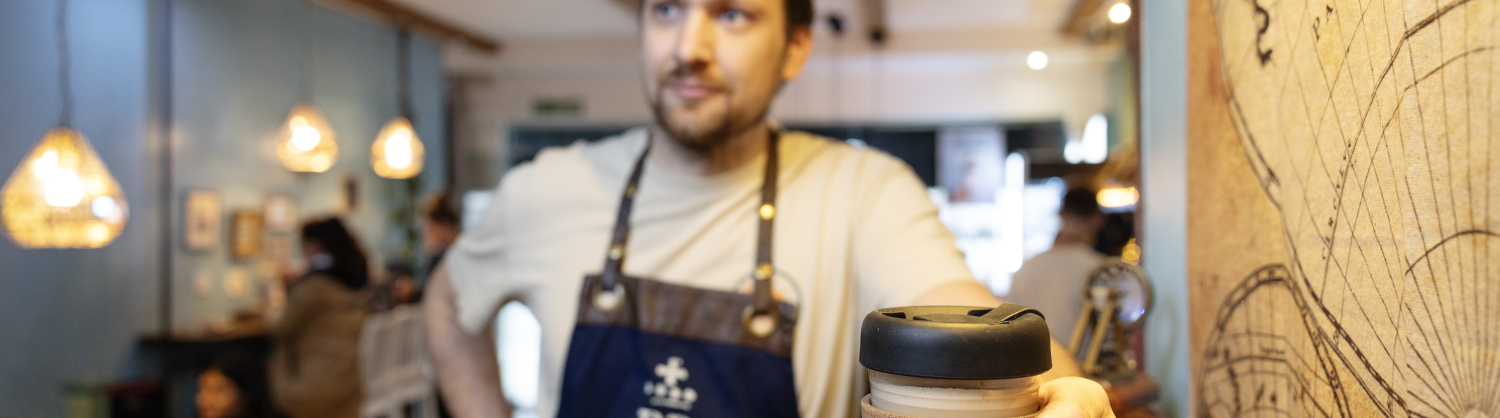 A reusable coffee cup at British Patagona in Islington