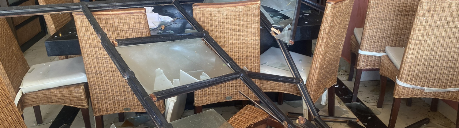 Smashed windows at a hotel restaurant
