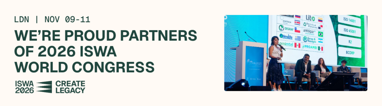 A photo of a woman presenting at a conference, beside the words "we're proud partners of the 2026 ISWA World Congress"