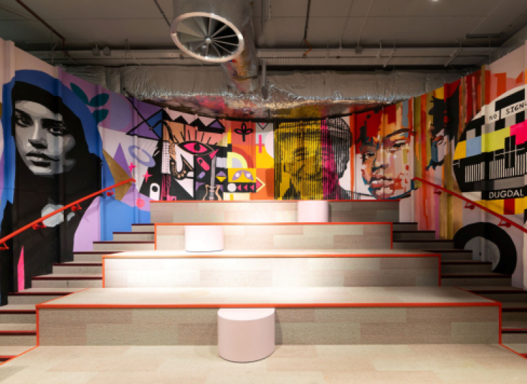 A colourful wall mural at the Dugdale Arts Centre