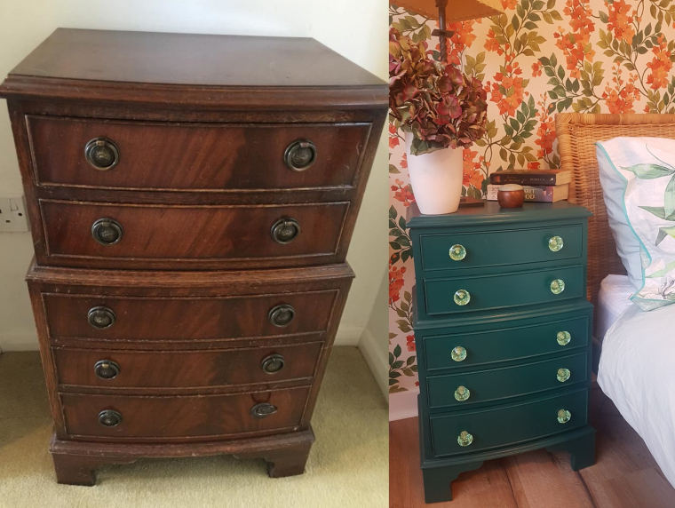 Before and after photo of cabinet with handles changed