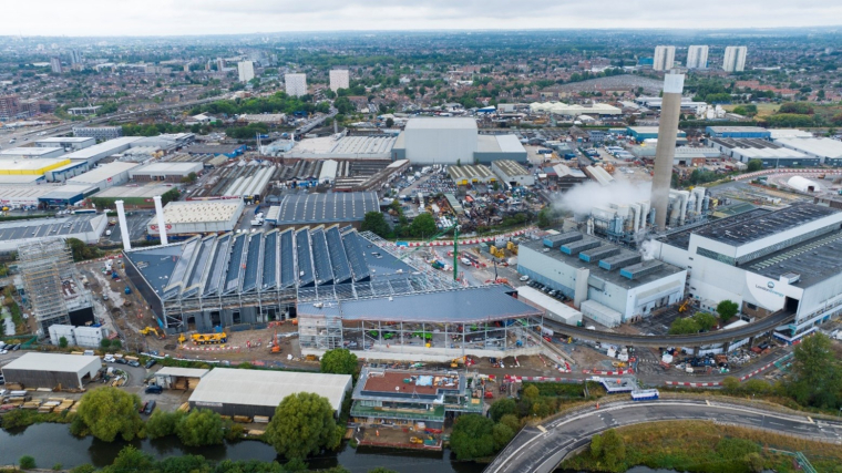 Aerial view of Edmonton EcoPark in Enfield, showing the new recycling facilities nearing completion on the left of the image and the current energy-from-waste facility, which first began operating in 1971, on the right of the picture.