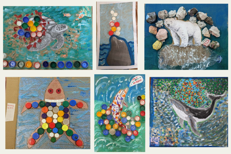 Collage of posters about plastic pollution in the oceans. Made by participants of Recycle-Art Classes