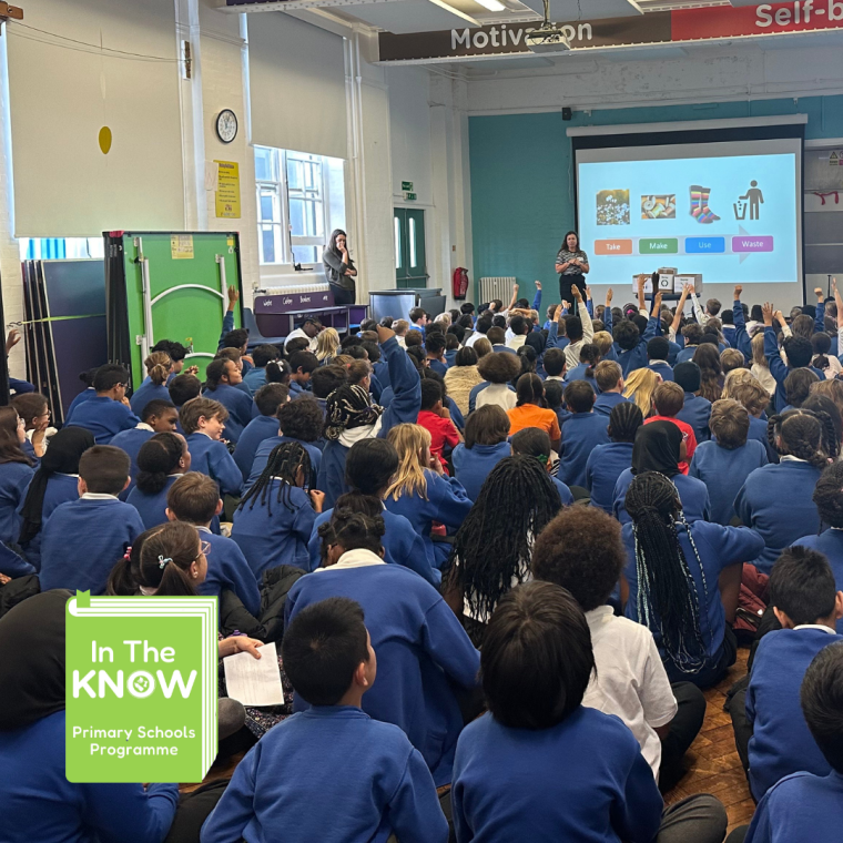 School assembly with NLWA officers giving presentation, including In the Know logo