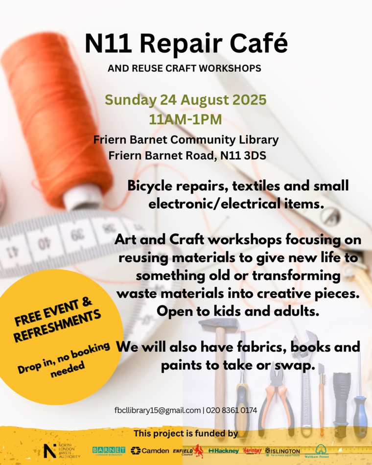 Flyer showing details of N11 Repair Cafe event on the 24 August 2025