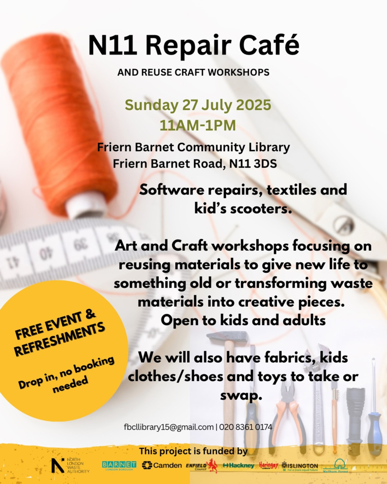 Flyer showing details of N11 Repair Cafe event on the 27 July 2025