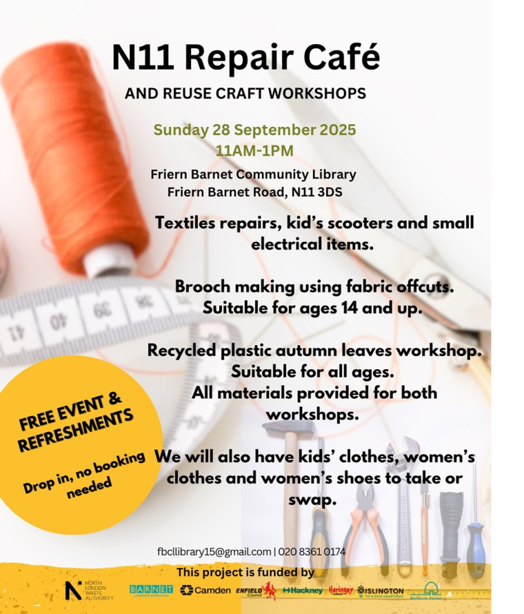 Flyer showing details of N11 Repair Cafe event on the 28 September 2025