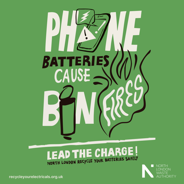 A facebook image with designed text that says "phone batteries cause bin fires"