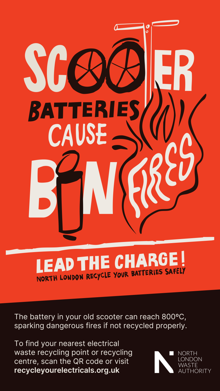 A facebook image with designed text that says "scooter batteries cause bin fires"