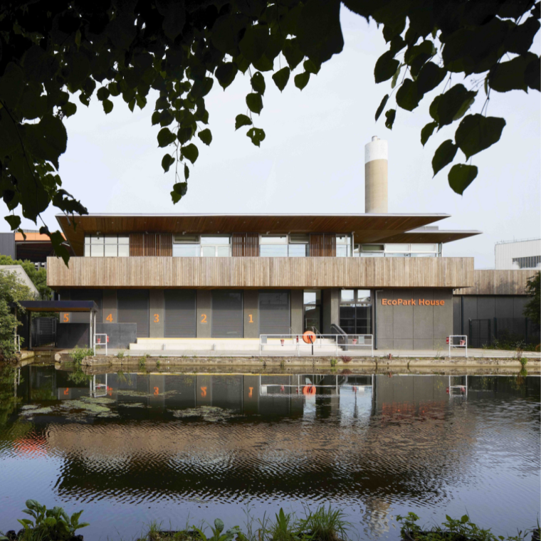 A picture of EcoPark House from across the canal