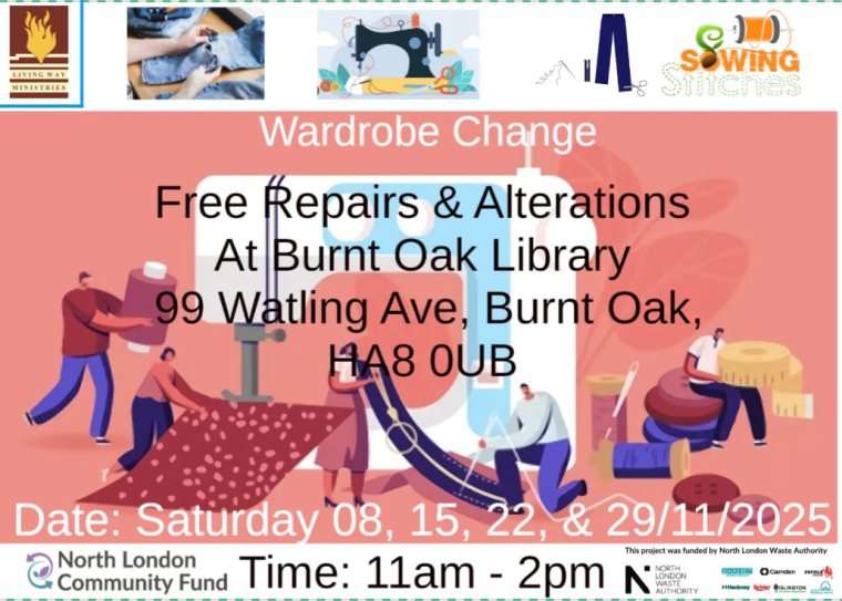 Poster showing details of sewing event 29/11/2025 in Burnt Oak Library