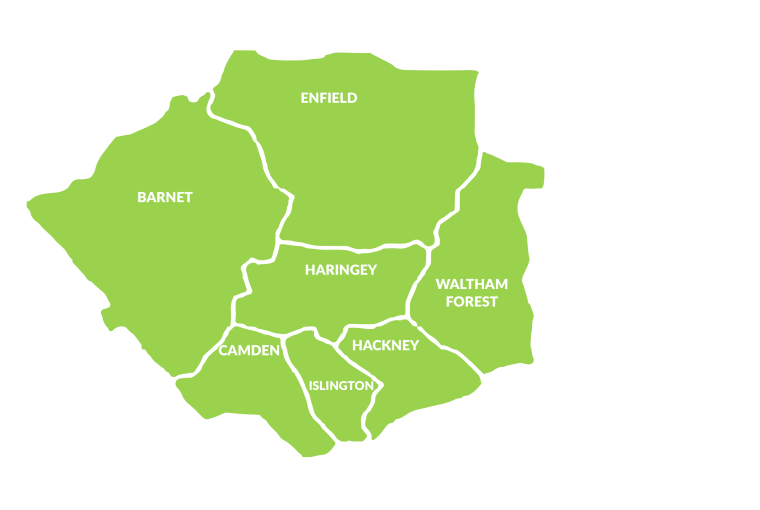 Map showing Waltham forest, Haringey, Hackney, Islington, Enfield, Barnet and Camden boroughs