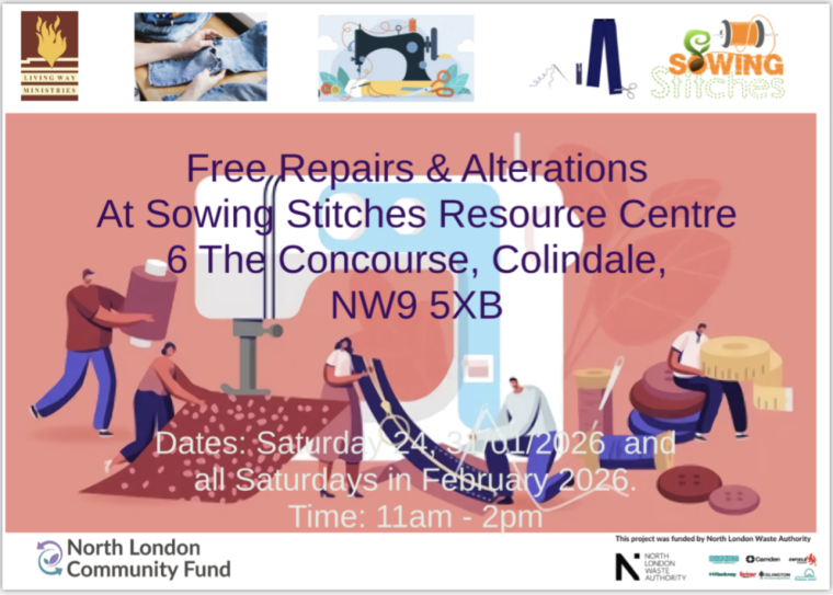 Flyer showing details of Sowing Stitches events in January and February 2026