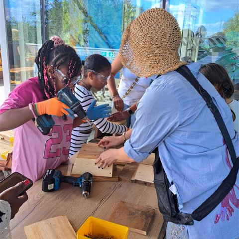 Children building bird and bat boxes with wood