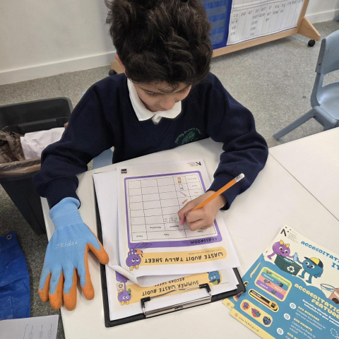 Student completing a waste audit worksheet
