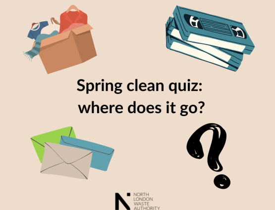 A cartoon of some VHS tapes, some letters, a box of clothes and a question mark with the text "Spring clean quiz: where does it go?"