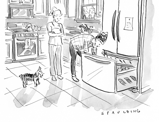 A cartoon of a woman standing in front of a fridge who says "I freeze all my leftovers until I feel less guilty about throwing them away."