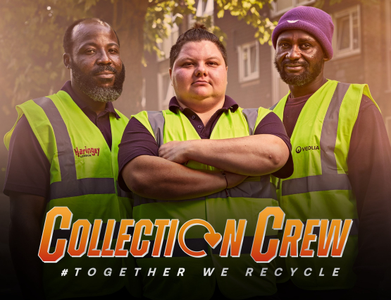 Recycling collection crew looking like superheroes with Collection Crew logo