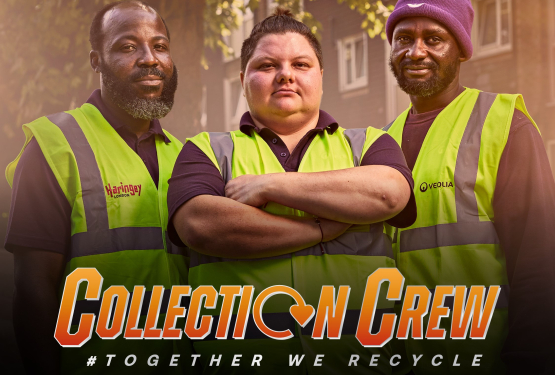 Recycling collection crew looking like superheroes with Collection Crew logo