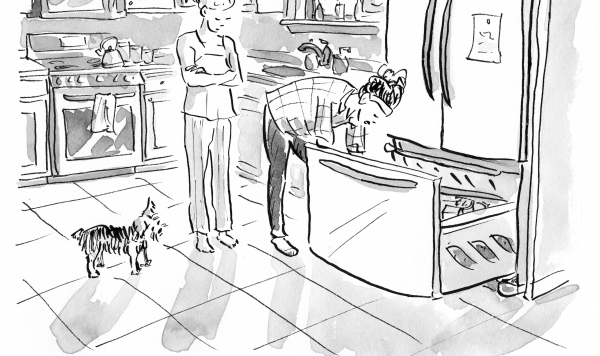 A cartoon of a woman standing in front of a fridge who says "I freeze all my leftovers until I feel less guilty about throwing them away."