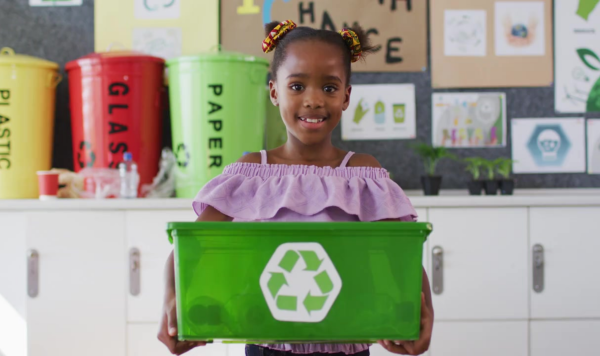 Girl in classroom with recycling box